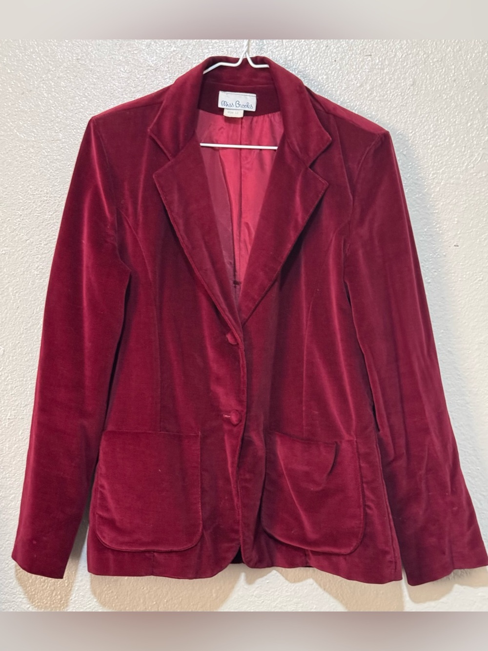 W Sz.12 Vtg Burgundy Velvet Lined 2 Button Notch Lapel Blazer Patch Pockets